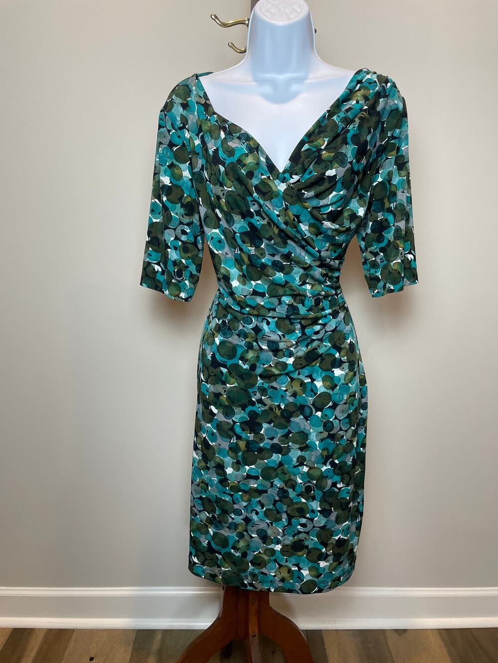 Connected Apparel Faux Wrap V Neck Sheath Dress 10 Green